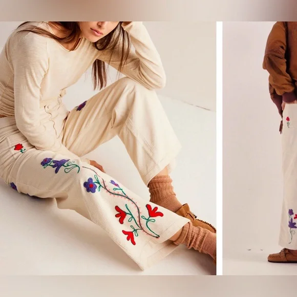 Free People Cream Embroidered Flare Jeans